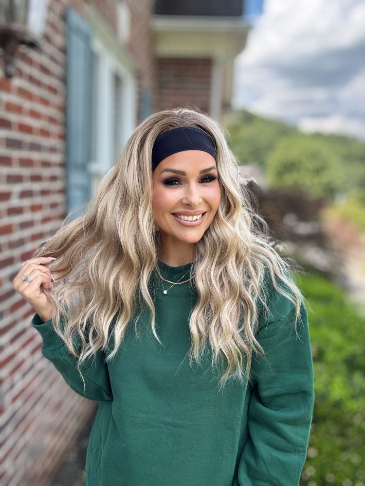 Maya by AISOM Water Wave Highlight Blonde Headband Wig for Women Heat Friendly Synthetic Wig 18 Inches Low Density Wear Go Wig