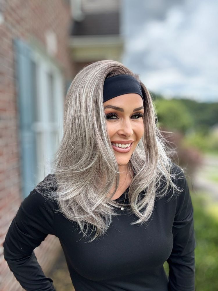 Lena by AISOM Smoky Ash Layered Straight Headband Wig 16 Inches Heat Friendly Synthetic Hair Easy to Wear