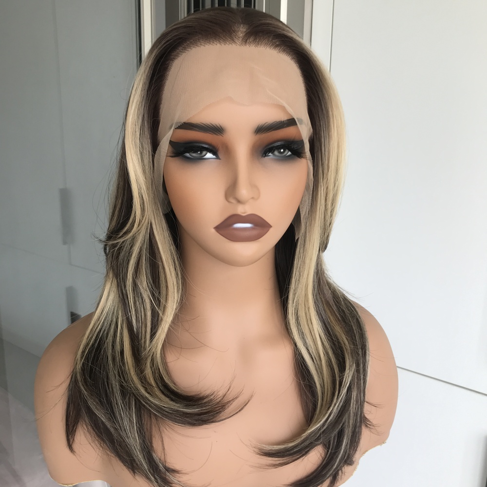 A76 by AISOM 18 Inches Layered Straight Hazelnut Blonde Highlights Synthetic Lace Front Wig 13x6 Glueless Wig for Women Low Density Pre Plucked