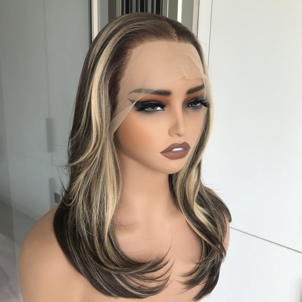 A76 by AISOM 18 Inches Layered Straight Hazelnut Blonde Highlights Synthetic Lace Front Wig 13x6 Glueless Wig for Women Low Density Pre Plucked