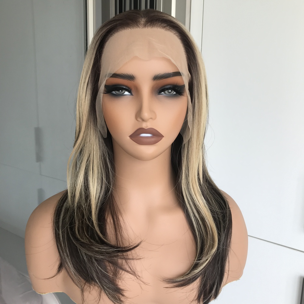 A76 by AISOM 18 Inches Layered Straight Hazelnut Blonde Highlights Synthetic Lace Front Wig 13x6 Glueless Wig for Women Low Density Pre Plucked
