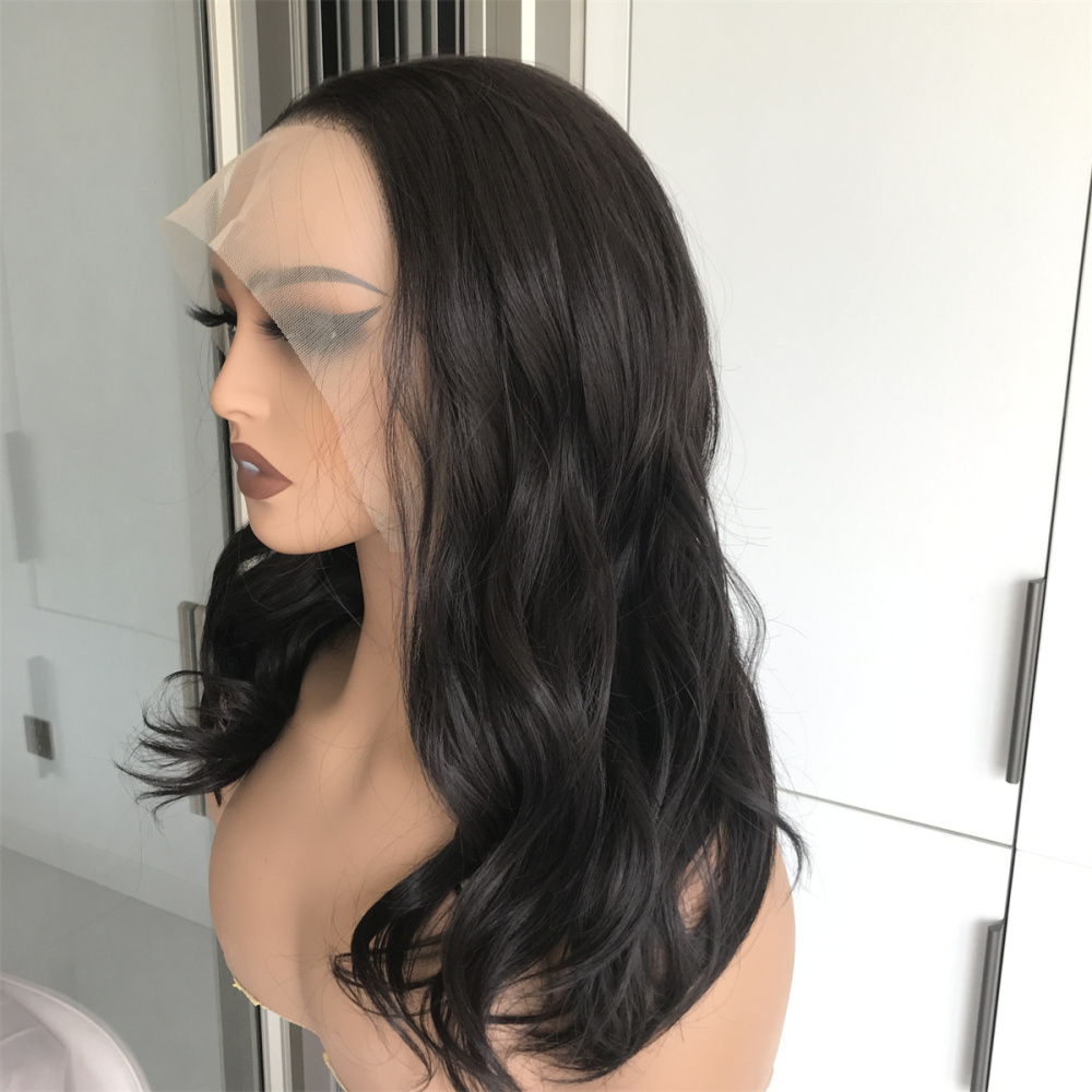 A79 by AISOM Loose Wave 16 Inches Dark Roast Free Part Synthetic Lace Front Wigs Pre Plucked Heat Friendly Synthetic Wig Low Density Natural Black