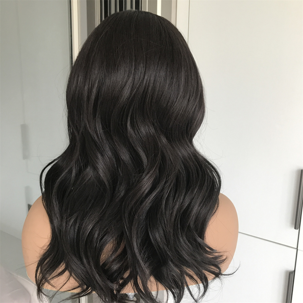 A79 by AISOM Loose Wave 16 Inches Dark Roast Free Part Synthetic Lace Front Wigs Pre Plucked Heat Friendly Synthetic Wig Low Density Natural Black