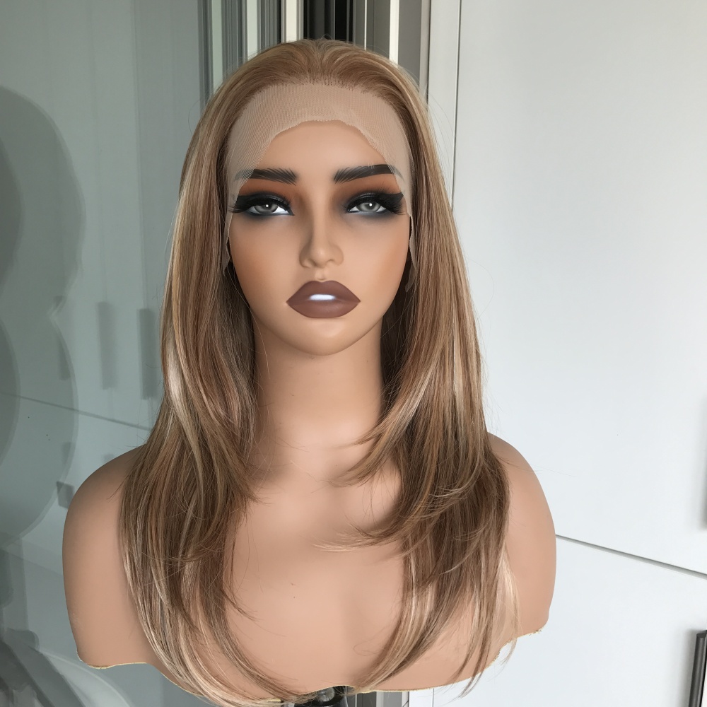 Clarie by AISOM Sunlit Caramel Layered Straight 13x4 Free Part Lace Wigs for Women Heat Friendly Synthetic Lace Wig 18 Inches 120% Low Density