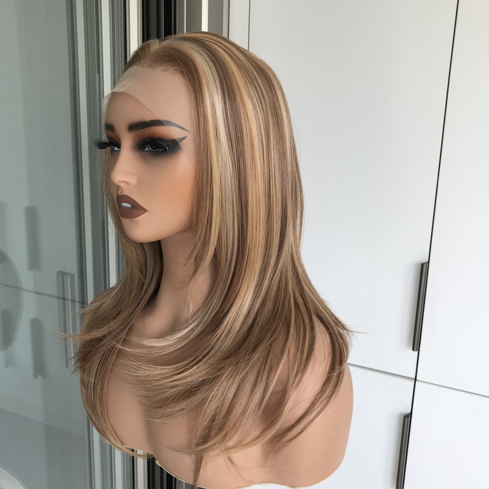 Clarie by AISOM Sunlit Caramel Layered Straight 13x4 Free Part Lace Wigs for Women Heat Friendly Synthetic Lace Wig 18 Inches 120% Low Density