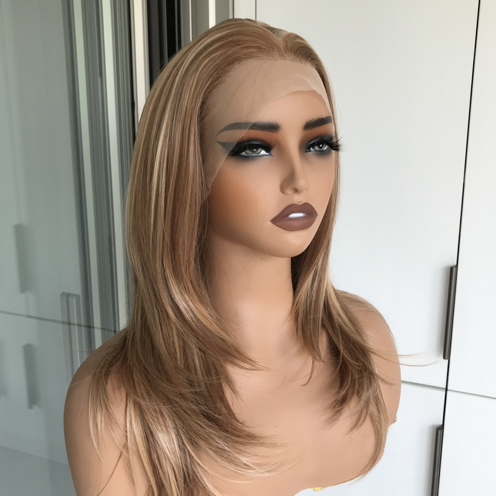 Clarie by AISOM Sunlit Caramel Layered Straight 13x4 Free Part Lace Wigs for Women Heat Friendly Synthetic Lace Wig 18 Inches 120% Low Density
