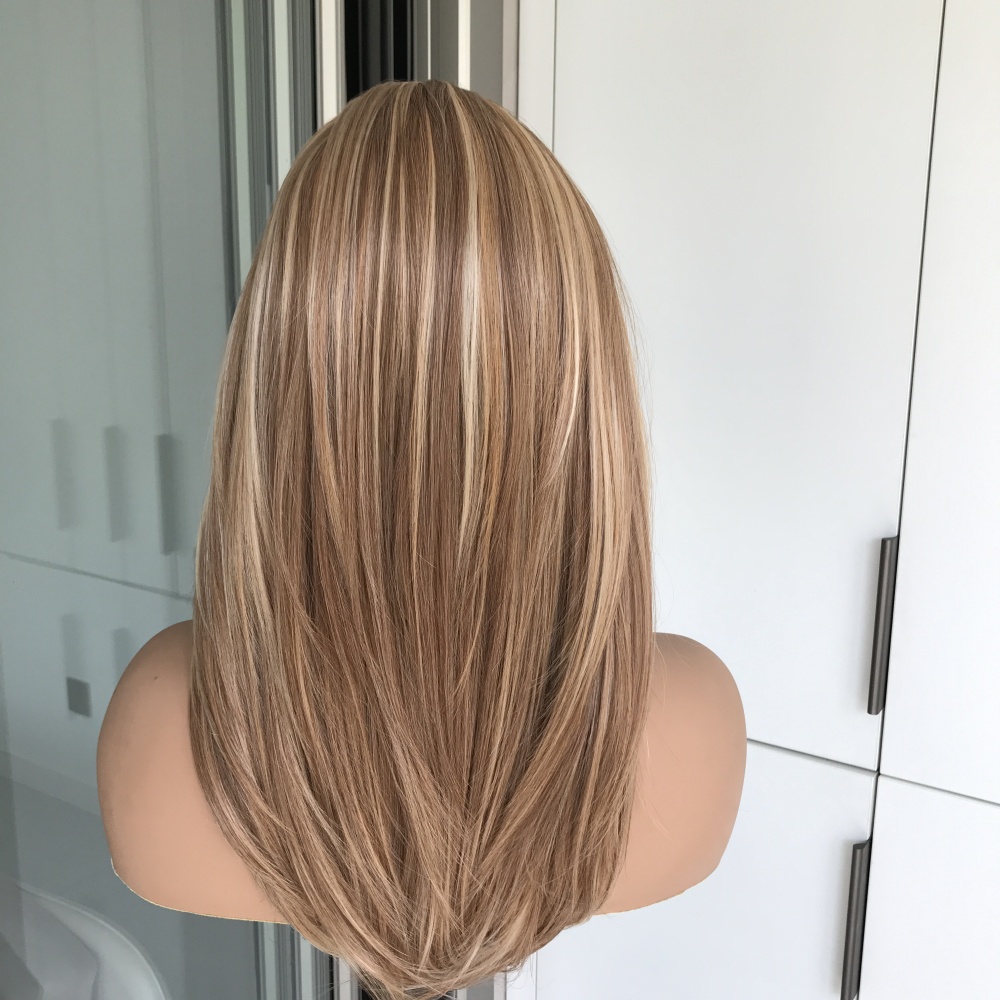 Clarie by AISOM Sunlit Caramel Layered Straight 13x4 Free Part Lace Wigs for Women Heat Friendly Synthetic Lace Wig 18 Inches 120% Low Density