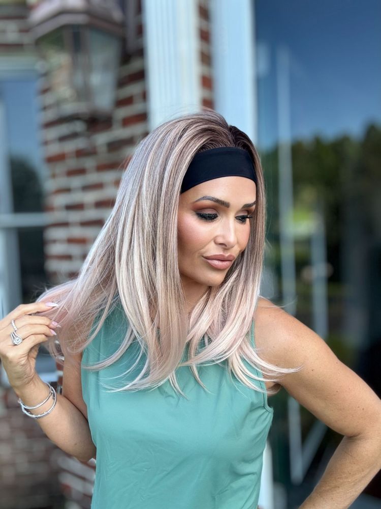 AISOM Layered Straight Headband Wig 16 Inches Apricrown Smoky Ash Color Low Density| Lena