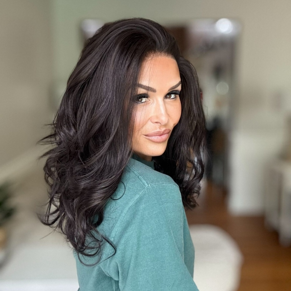 A79 by AISOM Loose Wave 16 Inches Dark Roast Free Part Synthetic Lace Front Wigs Pre Plucked Heat Friendly Synthetic Wig Low Density Natural Black