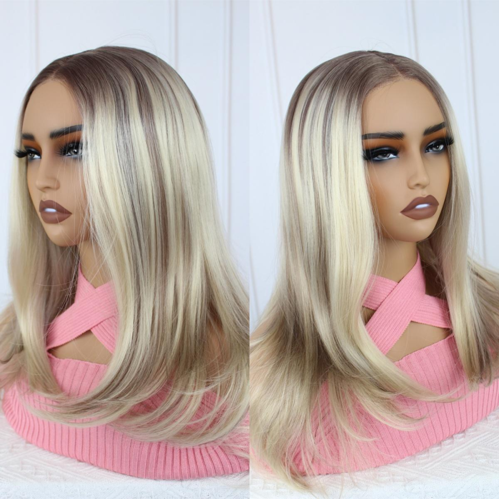 A33 by AISOM Wear And Go Glueless Wigs 16” Layered Straight Synthetic Wig Bright Blonde Highlights Ombre Lace Front Wigs for Women Highlight Wig