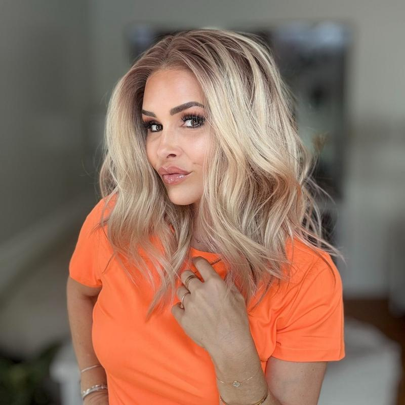 A60 by AISOM Pre Cut Warm Blonde Wig Natural Wave 16 inches T Part Glueless Synthetic Lace Wigs for Women 30 Seconds Ready to Wear Heat Friendly