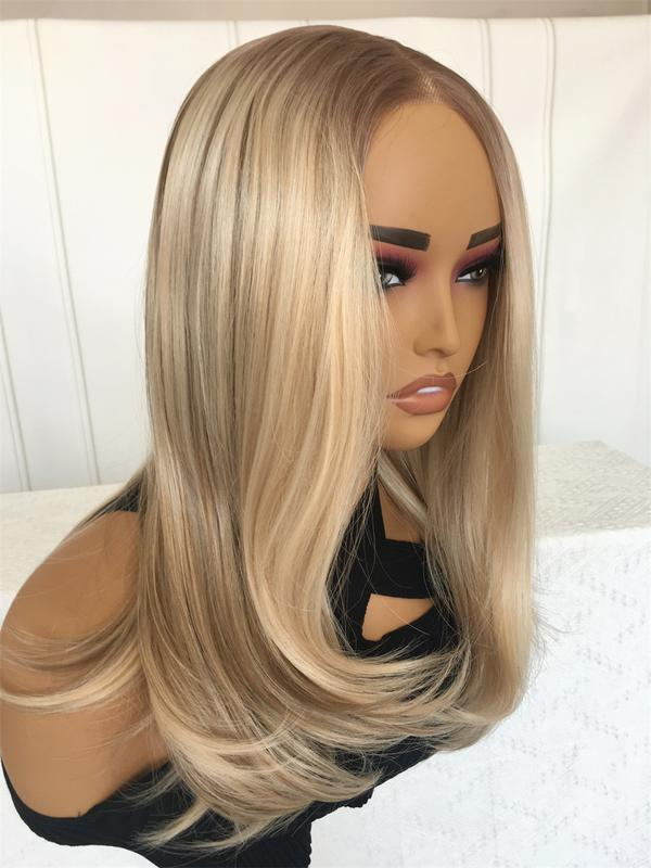 A32 by AISOM Pre Cut 30 seconds to Wear And Go Glueless Wigs 16 inches Layered Straight Synthetic Wig Warm Blonde mix Brown Ready to Wear Wig Daily Use
