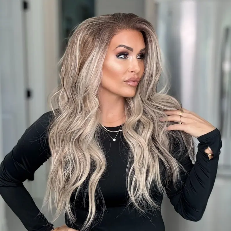 A38 by AISOM Highlight Ash Blonde 13x4 Free Part Lace Front Wig Pre Plucked Hairline 22" Wave Women's Wig Heat Friendly Fiber Low Density