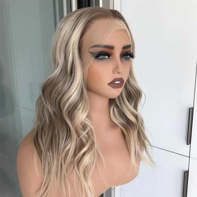 Molly by AISOM Free Part Warm Blonde Highlights Pre Plucked Natural Hairline 13*4 HD Synthetic Lace Front Wig for Women 17 inches Daily Wig