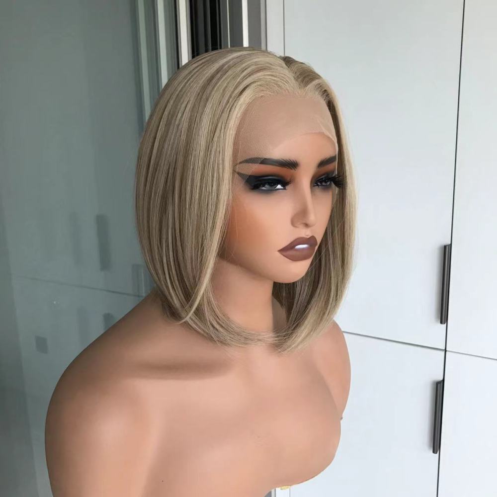 Caris by AISOM Short Bob Cut Free Part Lace Front Wig with Scandinavian Hairline Very Low Density 12 Inches Heat Friendly Synthetic Wig