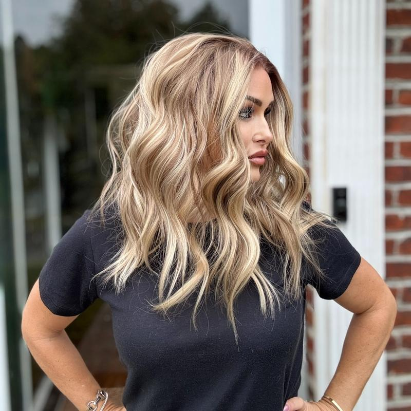 Molly by AISOM Free Part Warm Blonde Highlights Pre Plucked Natural Hairline 13*4 HD Synthetic Lace Front Wig for Women 17 inches Daily Wig