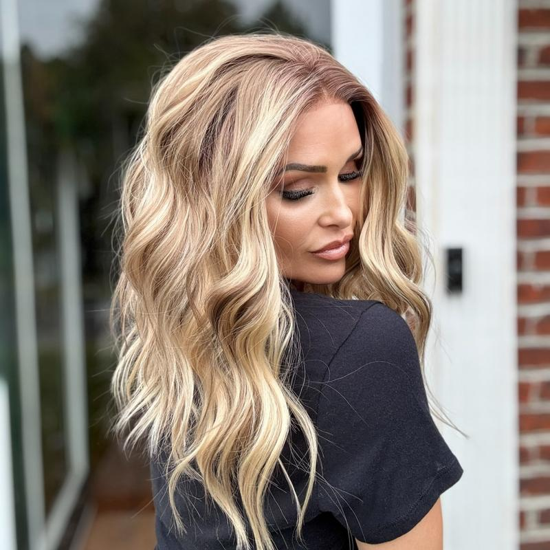 Molly by AISOM Free Part Warm Blonde Highlights Pre Plucked Natural Hairline 13*4 HD Synthetic Lace Front Wig for Women 17 inches Daily Wig