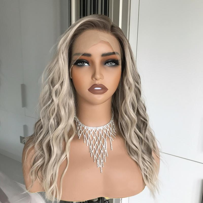 AISOM Mila Ash Blonde Highlights Water Wave 13x4 Free Part Lace Front Wig 16 inch Low Density 120% Heat Friendly Synthetic Lace Wig