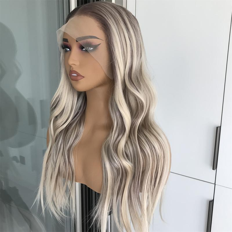 A37 by AISOM 13*4 Free Part Synthetic Lace Front Wave Wig 22 inches Bright Blonde mix Brown Pre Plucked HD Lace Heat Friendly Fiber Women's Wig