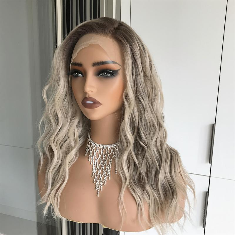 AISOM Mila Ash Blonde Highlights Water Wave 13x4 Free Part Lace Front Wig 16 inch Low Density 120% Heat Friendly Synthetic Lace Wig