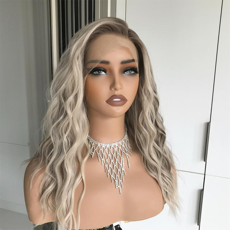 AISOM Mila Ash Blonde Highlights Water Wave 13x4 Free Part Lace Front Wig 16 inch Low Density 120% Heat Friendly Synthetic Lace Wig