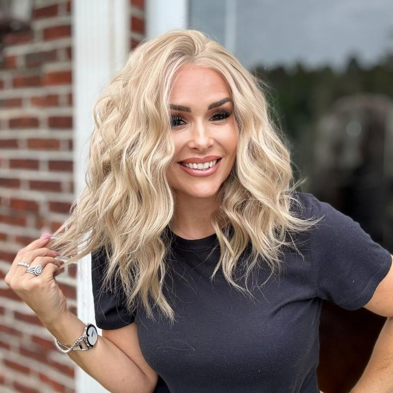 AISOM Camila Sandy Blonde Short Wave Lace Front Wig 14 Inches 13x6 Free Part Synthetic Wigs for Women Daily Use