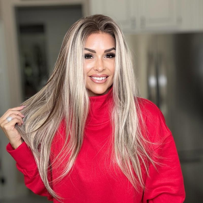 A65 by AISOM Highlight Ash Blonde Long Straight Glueless Wig 13x4 Free Part Synthetic Lace Wigs for Women Low Density Heat Friendly Daily Part Use 27 Inches