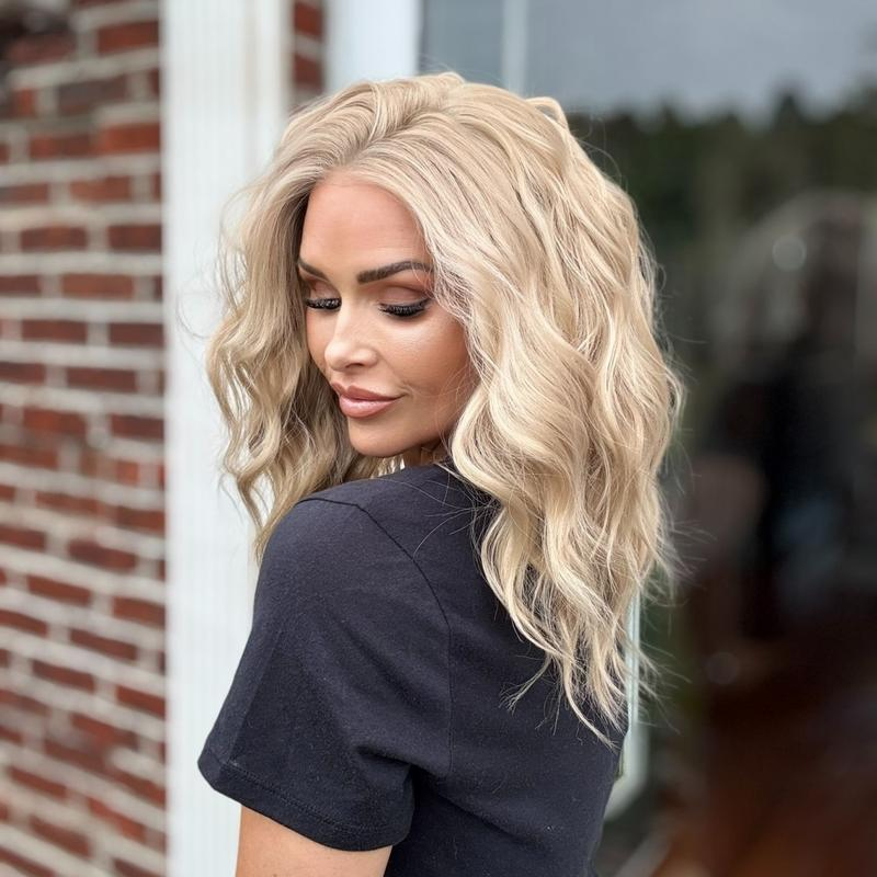 AISOM Camila Sandy Blonde Short Wave Lace Front Wig 14 Inches 13x6 Free Part Synthetic Wigs for Women Daily Use