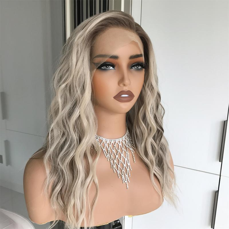 AISOM Mila Ash Blonde Highlights Water Wave 13x4 Free Part Lace Front Wig 16 inch Low Density 120% Heat Friendly Synthetic Lace Wig