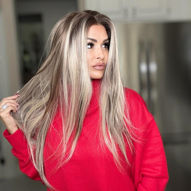 A65 by AISOM Highlight Ash Blonde Long Straight Glueless Wig 13x4 Free Part Synthetic Lace Wigs for Women Low Density Heat Friendly Daily Part Use 27 Inches