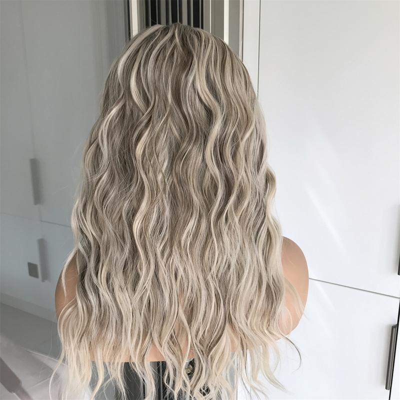AISOM Mila Ash Blonde Highlights Water Wave 13x4 Free Part Lace Front Wig 16 inch Low Density 120% Heat Friendly Synthetic Lace Wig