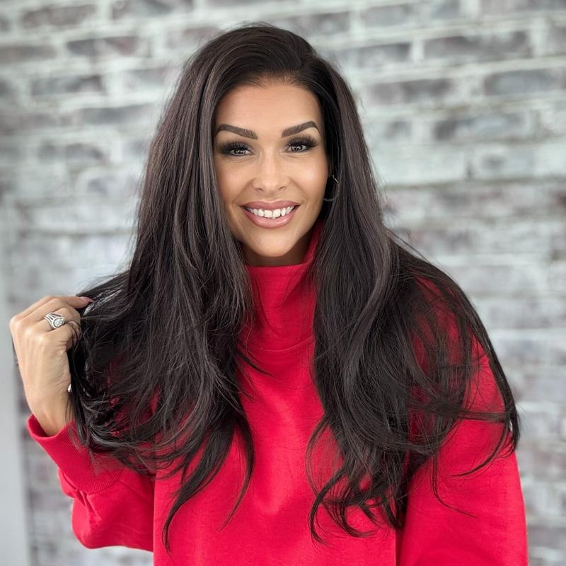A42 by AISOM Black Layered Straight 13*6 Free Part Lace Front Wig Pre Plucked Hairline Synthetic Lace Wig for Women 22 inches Heat Friendly