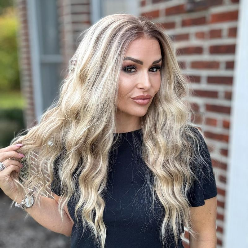 A34 by AISOM Curly Warm Blonde Highlight Free Part Pre Plucked 20inch 13x4 Synthetic Lace Front Wig for Women Tiny Knots Heat Friendly