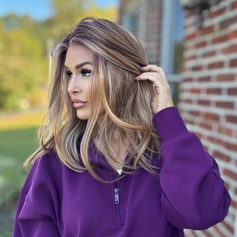 AISOM Grace Honey Caramel Blonde 13x4 Free Part Synthetic Lace Front Wig with Scandinavian Hairline Natural Wave 16 Inch Very Low Density