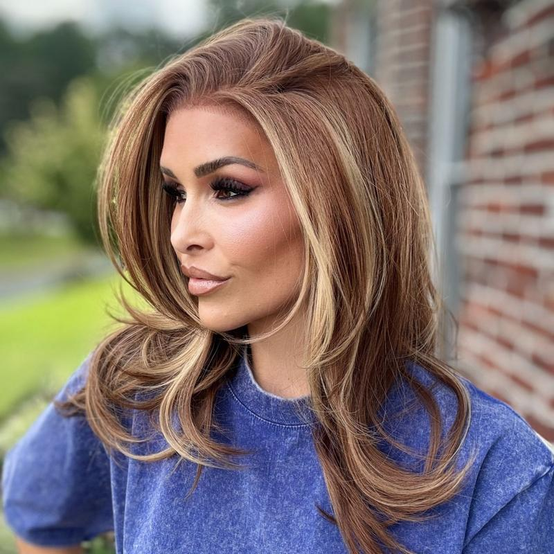Avery by AISOM Caramel Layered Straight 13x6 Free Part Synthetic Lace Front Wig for Women Low Density Heat Friendly