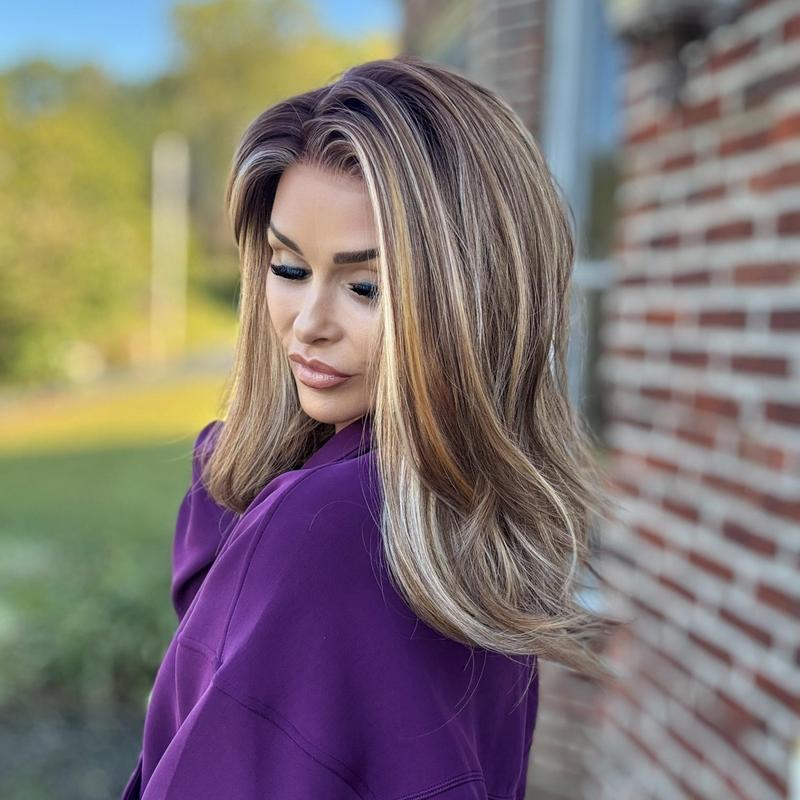 AISOM Grace Honey Caramel Blonde 13x4 Free Part Synthetic Lace Front Wig with Scandinavian Hairline Natural Wave 16 Inch Very Low Density