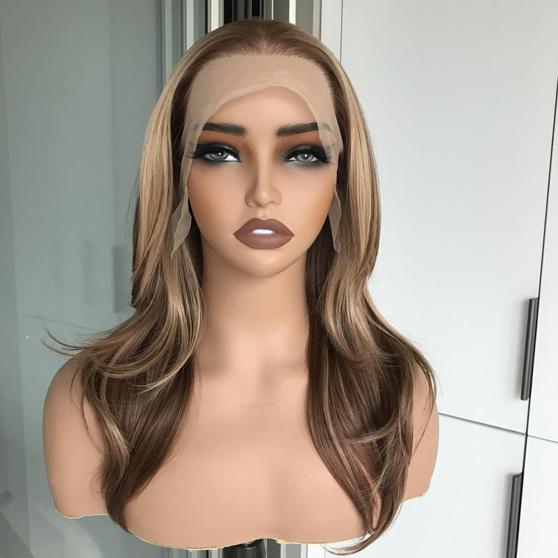 Avery by AISOM Caramel Layered Straight 13x6 Free Part Synthetic Lace Front Wig for Women Low Density Heat Friendly