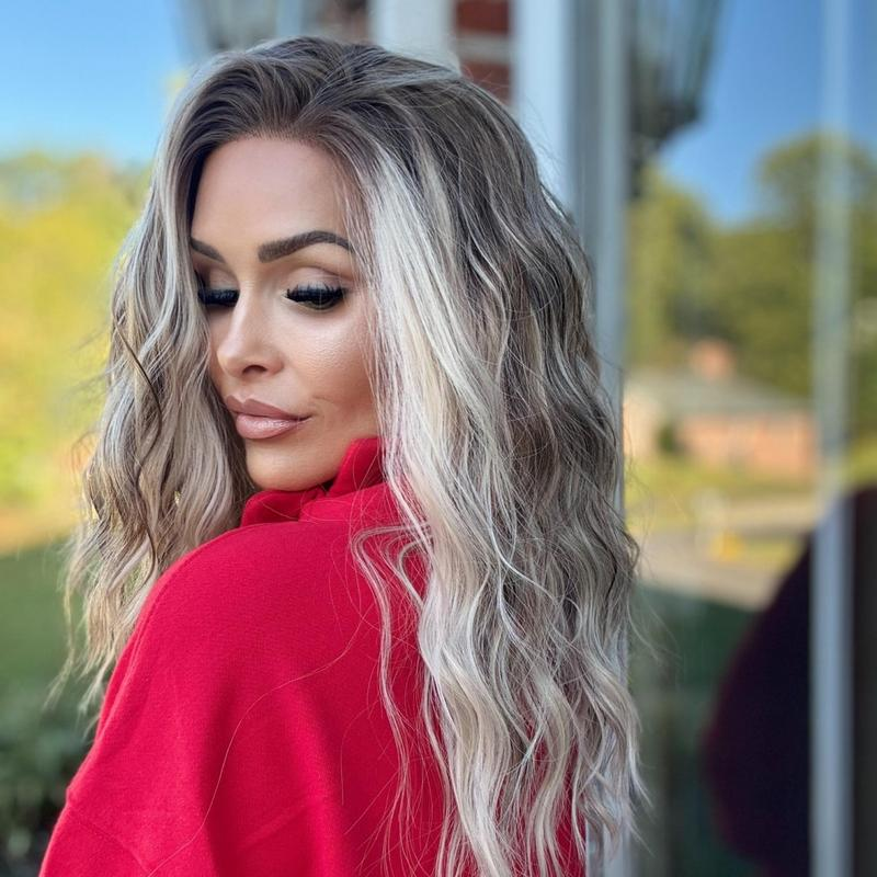 AISOM Mila Ash Blonde Highlights Water Wave 13x4 Free Part Lace Front Wig 16 inch Low Density 120% Heat Friendly Synthetic Lace Wig