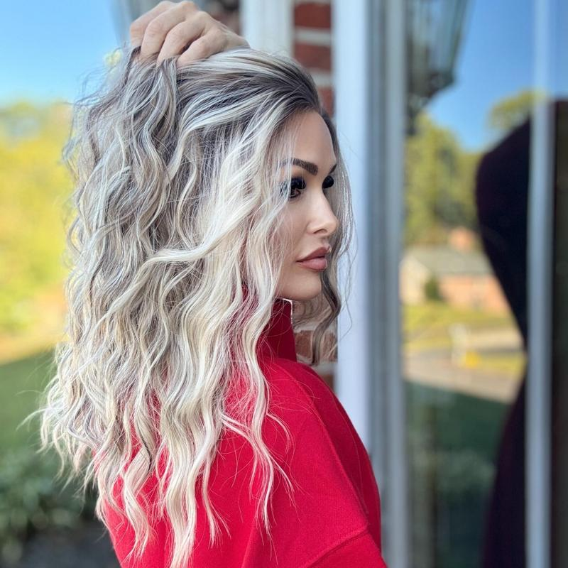 AISOM Mila Ash Blonde Highlights Water Wave 13x4 Free Part Lace Front Wig 16 inch Low Density 120% Heat Friendly Synthetic Lace Wig