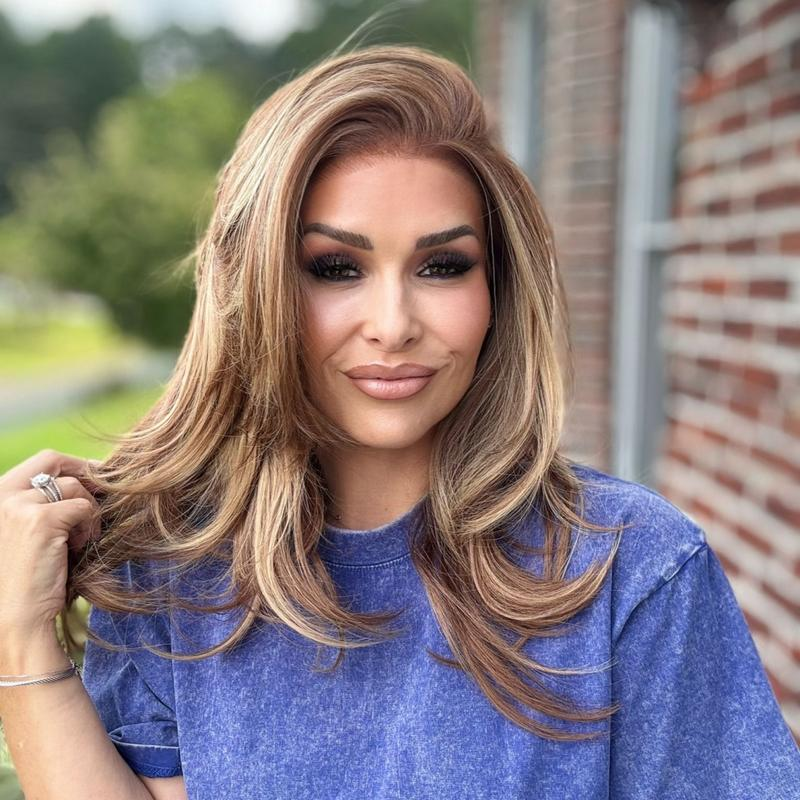 Avery by AISOM Caramel Layered Straight 13x6 Free Part Synthetic Lace Front Wig for Women Low Density Heat Friendly