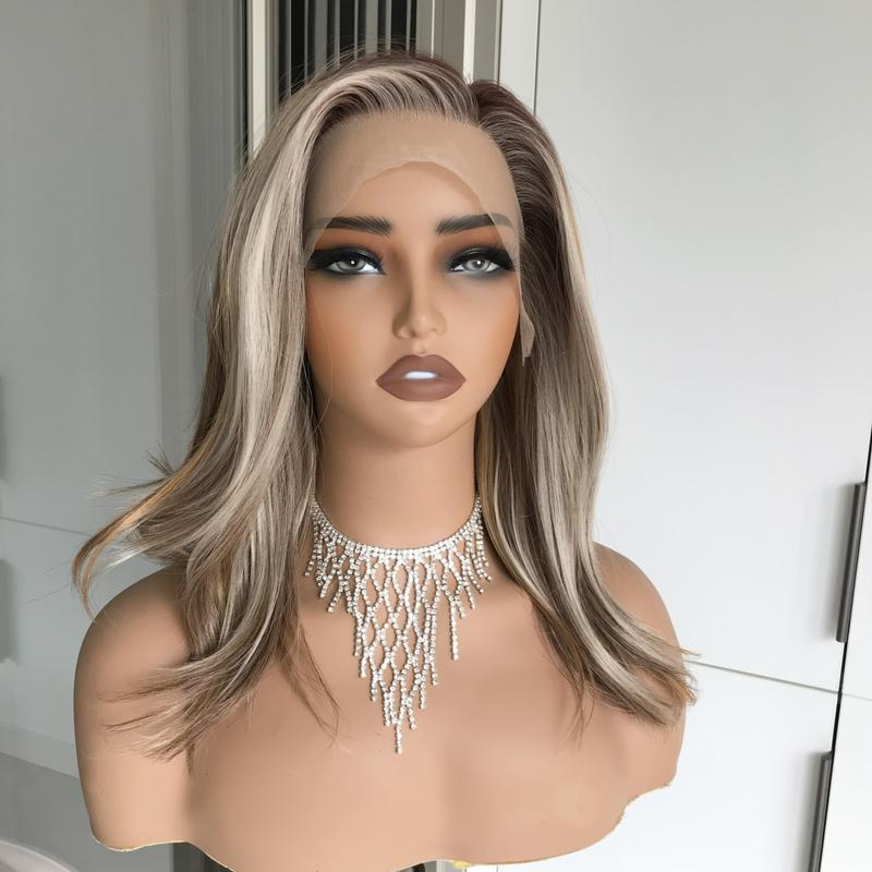 AISOM Grace Honey Caramel Blonde 13x4 Free Part Synthetic Lace Front Wig with Scandinavian Hairline Natural Wave 16 Inch Very Low Density