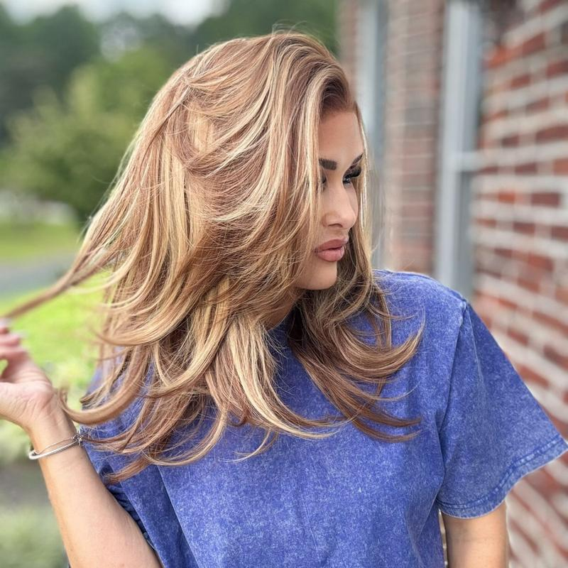 Avery by AISOM Caramel Layered Straight 13x6 Free Part Synthetic Lace Front Wig for Women Low Density Heat Friendly
