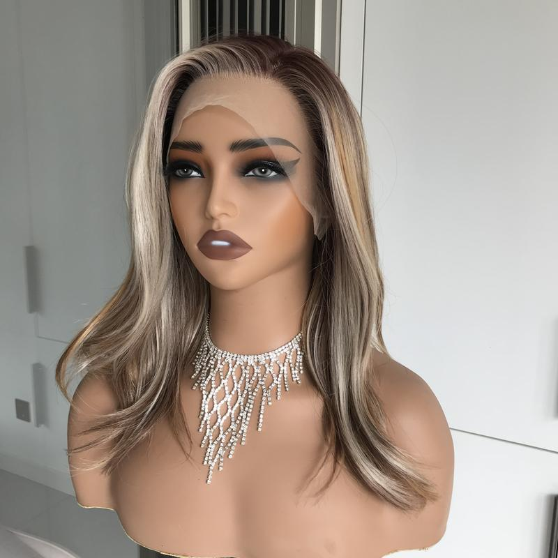 AISOM Grace Honey Caramel Blonde 13x4 Free Part Synthetic Lace Front Wig with Scandinavian Hairline Natural Wave 16 Inch Very Low Density