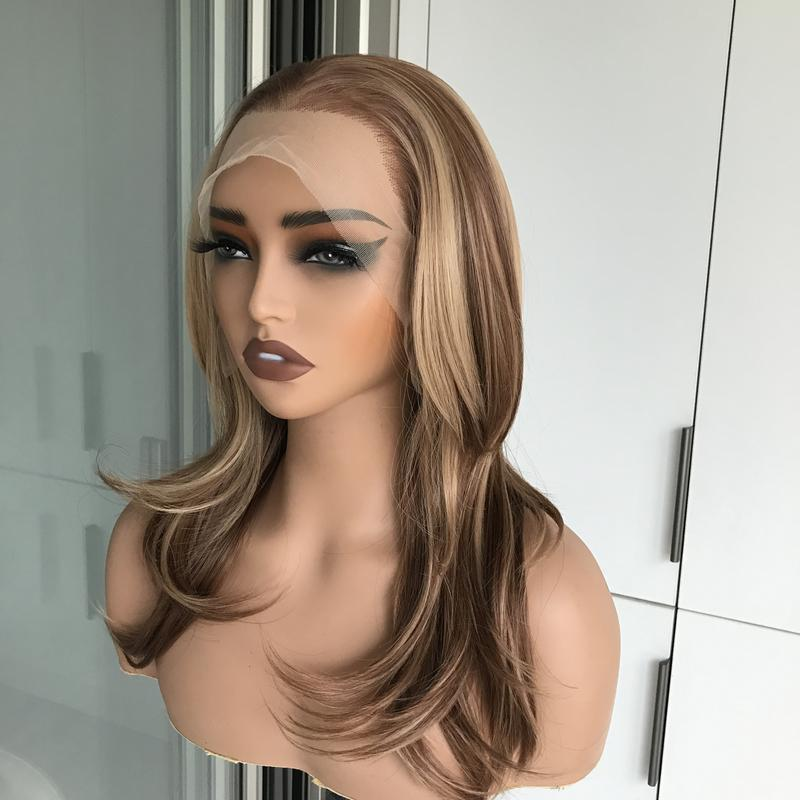Avery by AISOM Caramel Layered Straight 13x6 Free Part Synthetic Lace Front Wig for Women Low Density Heat Friendly