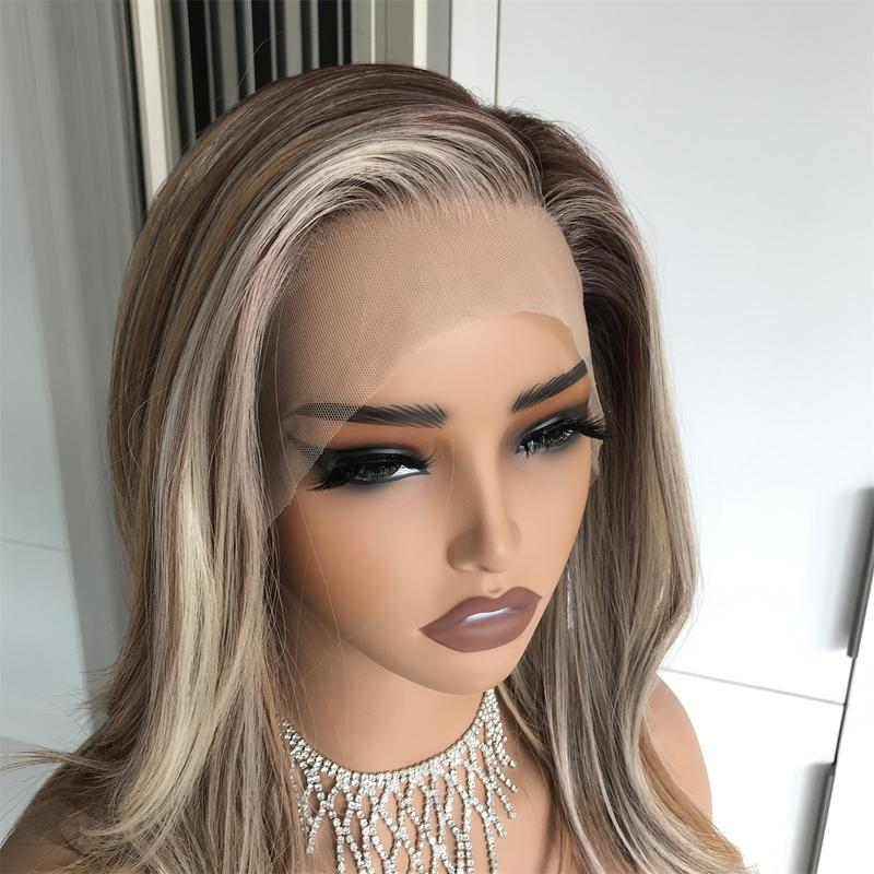 AISOM Grace Honey Caramel Blonde 13x4 Free Part Synthetic Lace Front Wig with Scandinavian Hairline Natural Wave 16 Inch Very Low Density
