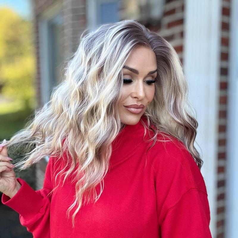 AISOM-Sasha Cool Blonde Highlights Water Wave 13x4 Free Part Lace Front Wig 16inches with Scandinavian Hairline Low Density Natural Looking Glueless Wig