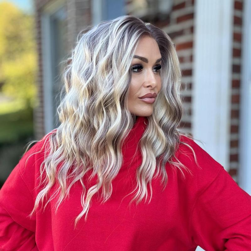 AISOM-Sasha Cool Blonde Highlights Water Wave 13x4 Free Part Lace Front Wig 16inches with Scandinavian Hairline Low Density Natural Looking Glueless Wig