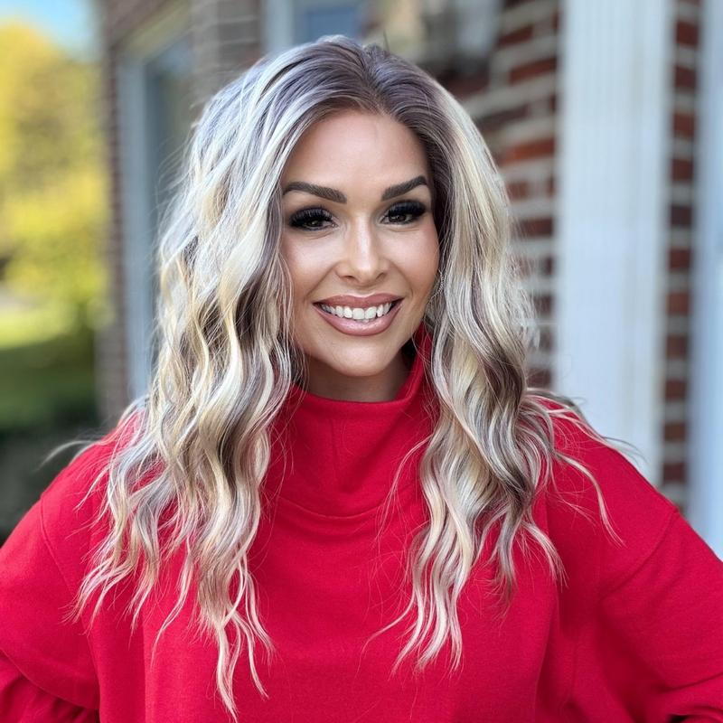 AISOM-Sasha Cool Blonde Highlights Water Wave 13x4 Free Part Lace Front Wig 16inches with Scandinavian Hairline Low Density Natural Looking Glueless Wig