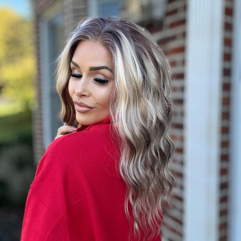 AISOM-Sasha Cool Blonde Highlights Water Wave 13x4 Free Part Lace Front Wig 16inches with Scandinavian Hairline Low Density Natural Looking Glueless Wig