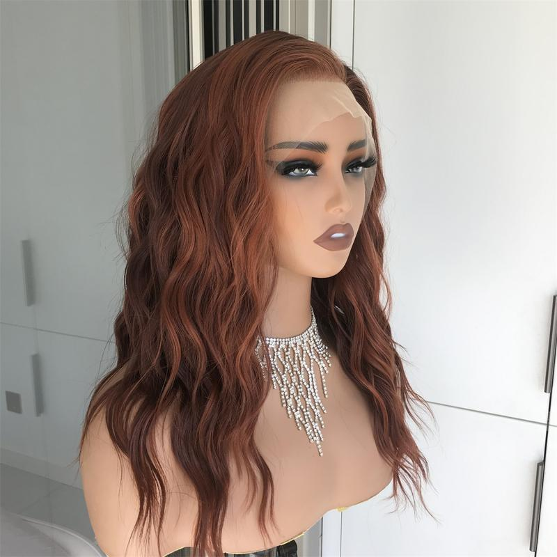 AISOM Mila Copper Blend Water Wave Synthetic Lace Front Wig with Scandinavian Hairline 16 Inch Low Density Heat Friendly Glueless Wig